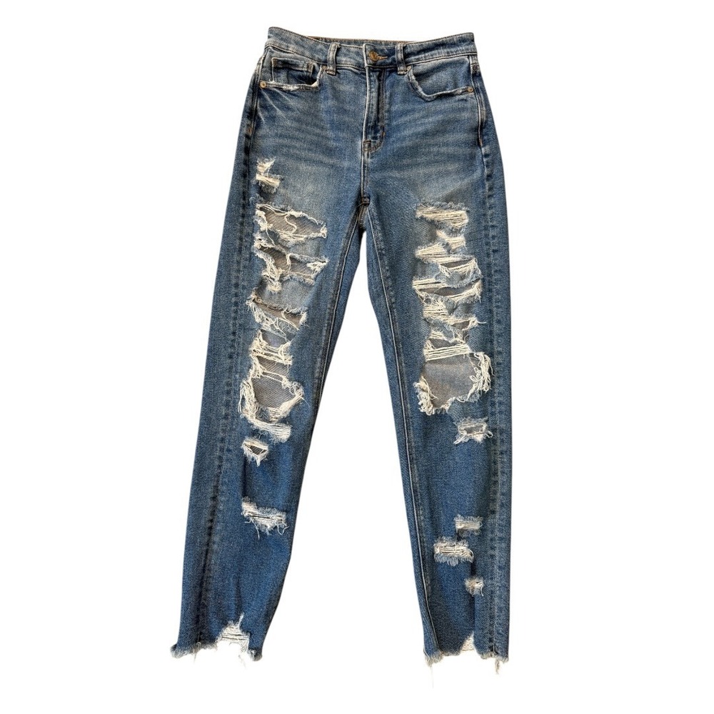 American Eagle‎ Mom Jeans Womens 2 Regular Distressed High Rise Stretch Blue